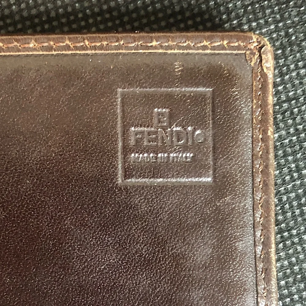 FENDI Zucca Navy Canvas and Brown Leather Snap Bifold Wallet